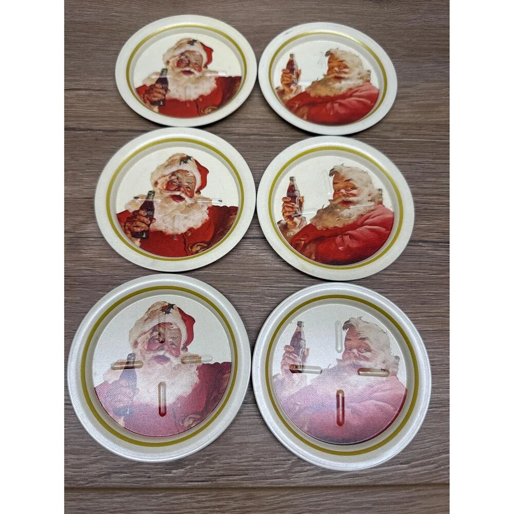 VTG 1983 Ohio Art Metal Coca Cola Santa Coasters Set of 6 Holiday Retro Barware